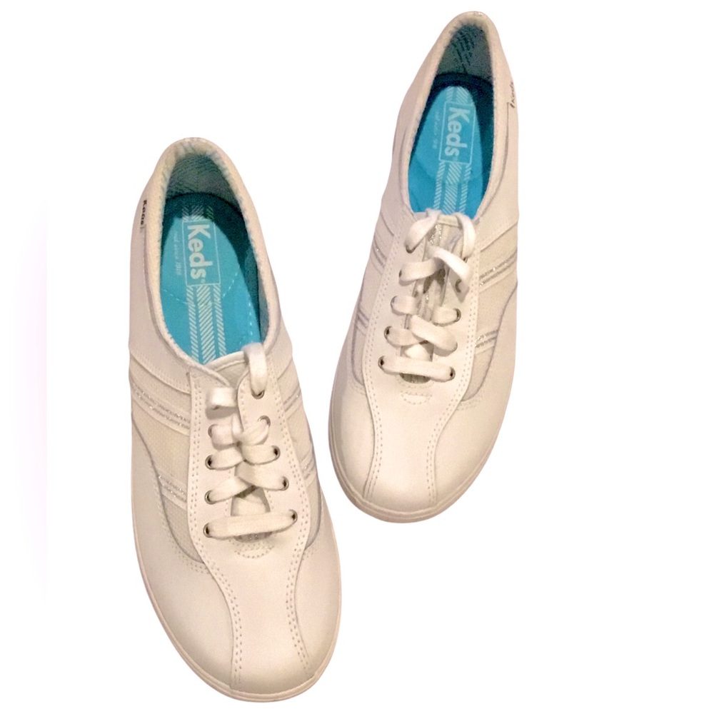 KEDS Women’s Sneakers White Leather Silver Accent Retro Lace-up Low Size-10